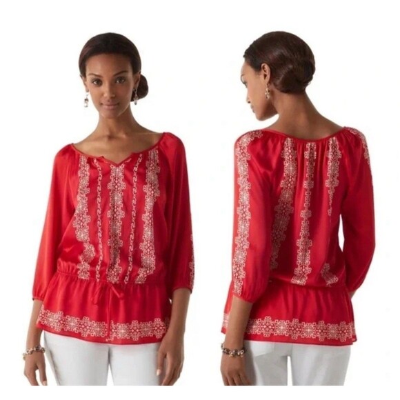 White House Black Market Women 4 Peplum Blouse Red Medallion Embroidered Holiday - Picture 2 of 7